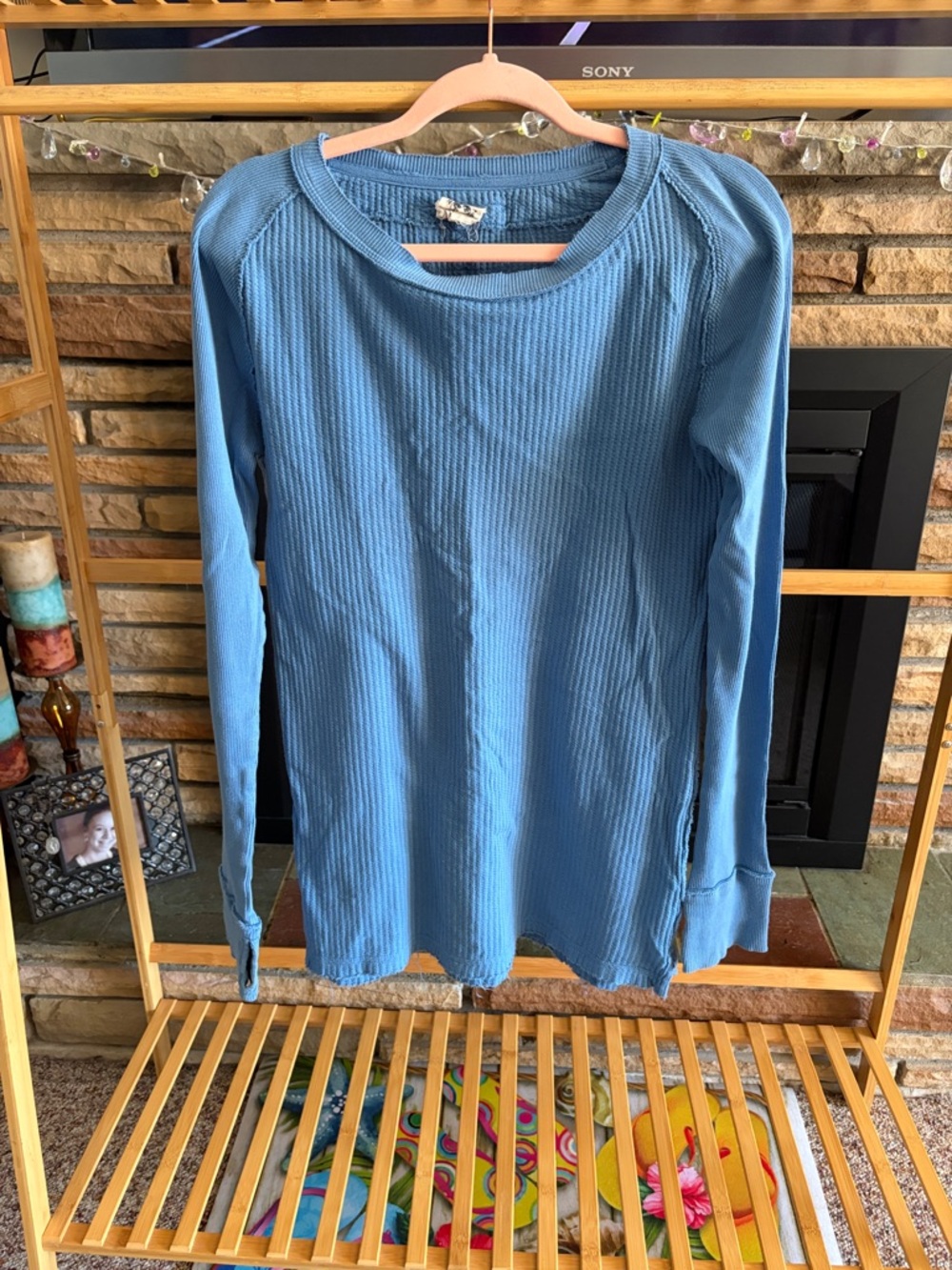 We The Free blue waffle-knit long sleeve top with green heart label